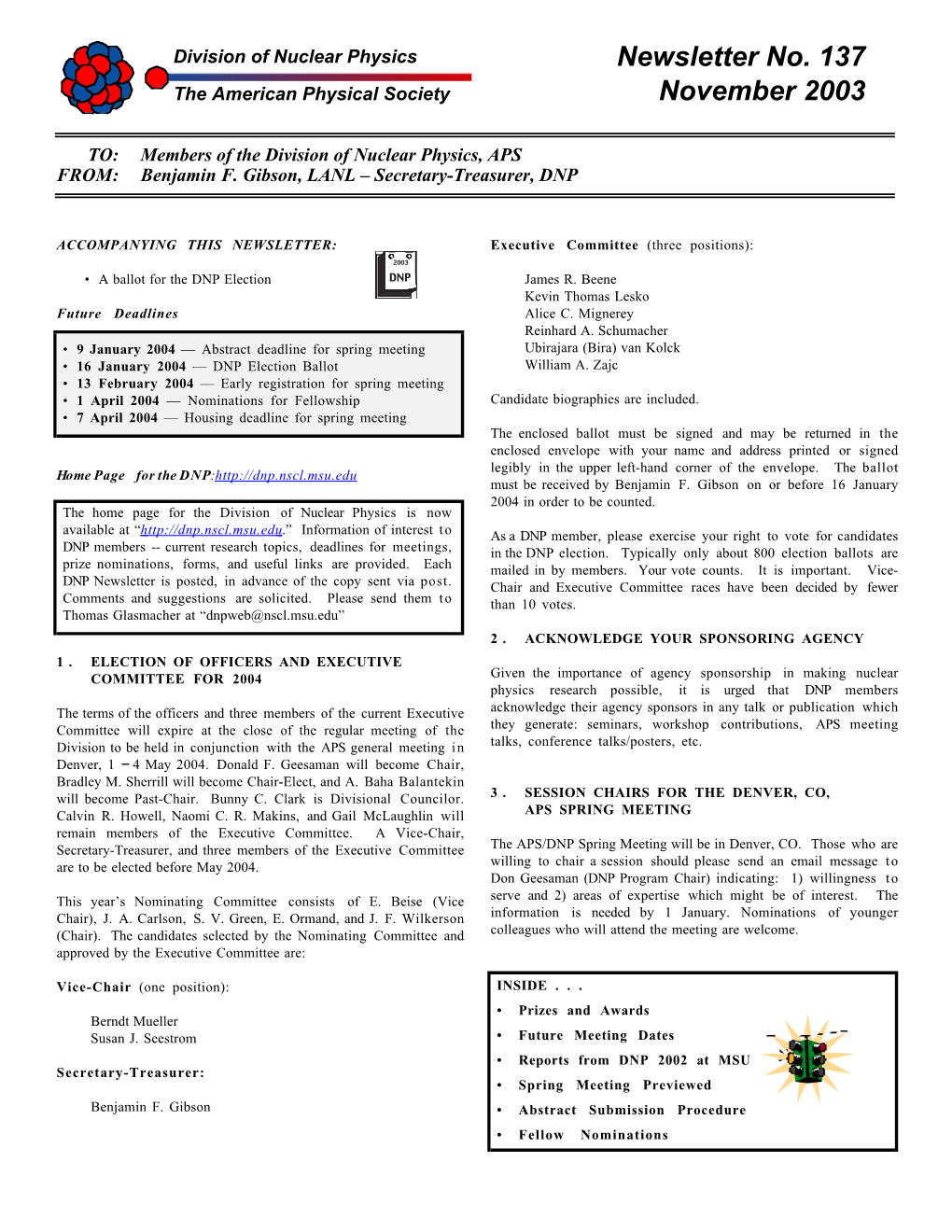 Newsletter No. 137 November 2003