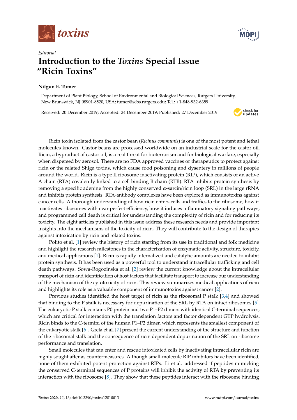 Introduction to the Toxins Special Issue “Ricin Toxins”