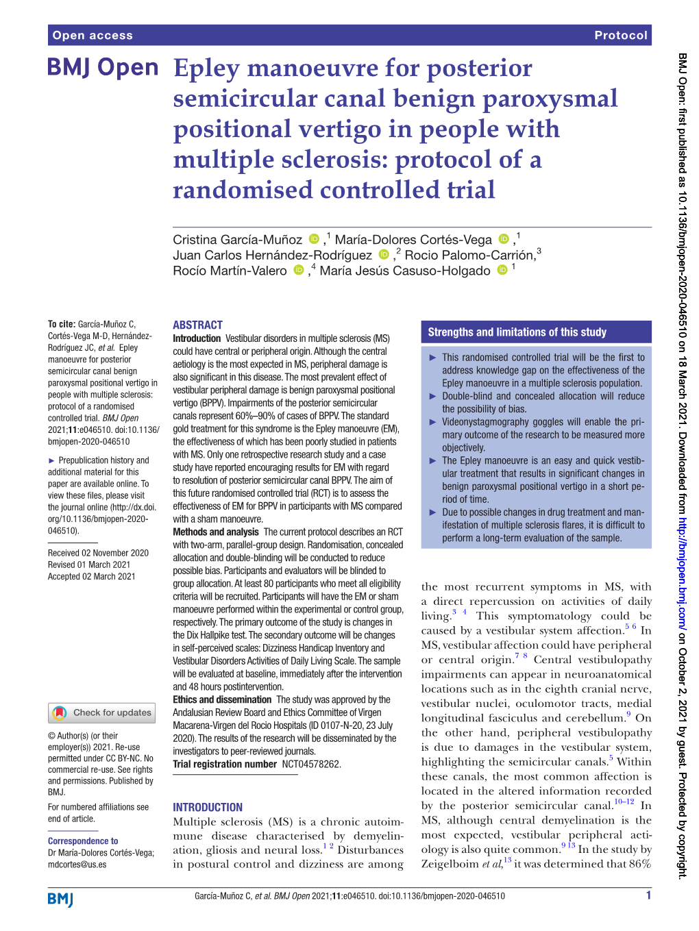 Epley Manoeuvre for Posterior Semicircular Canal Benign Paroxysmal Positional Vertigo in People with Multiple Sclerosis: Protocol of a Randomised Controlled Trial
