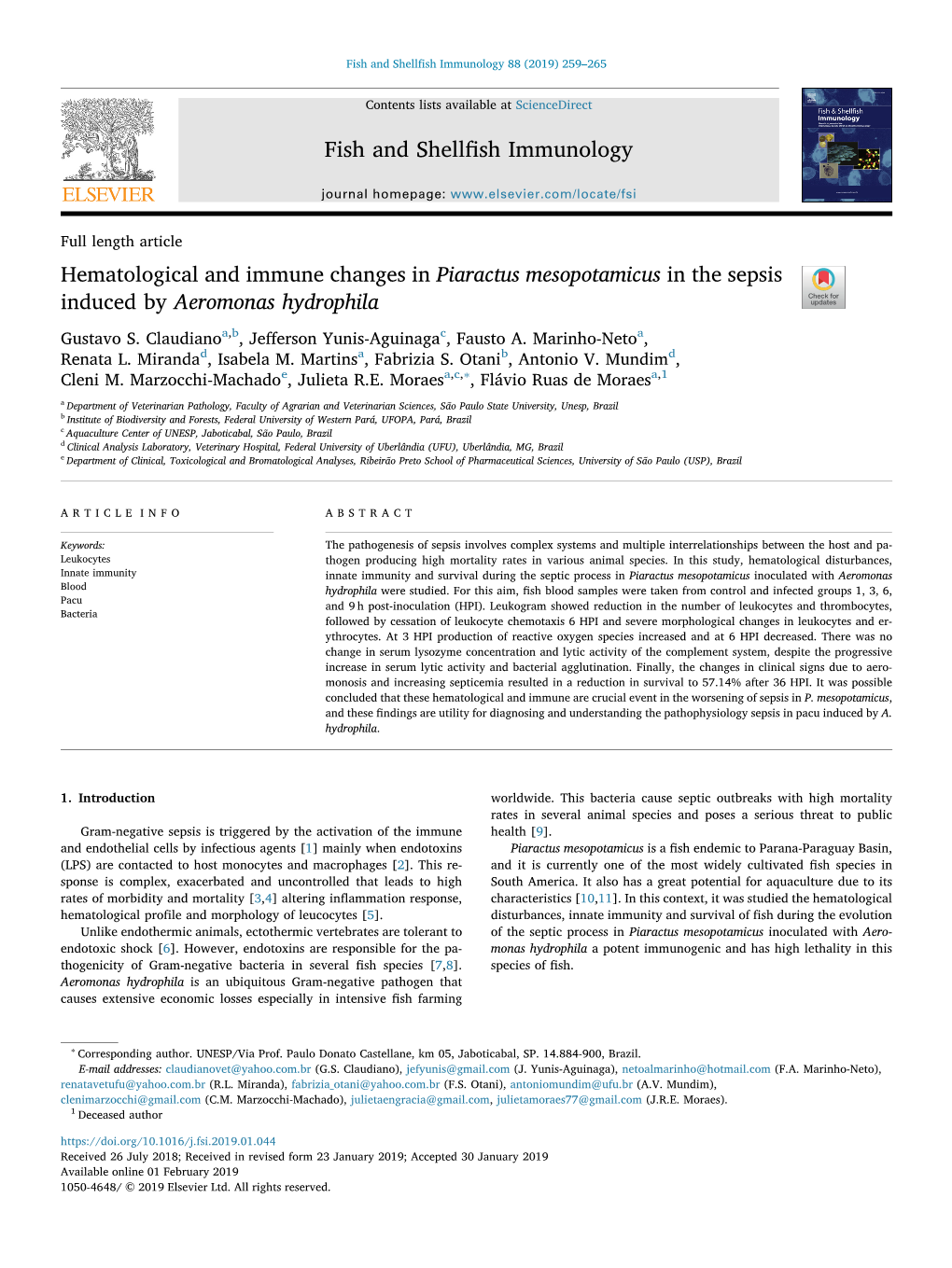 Hematological and Immune Changes in Piaractus Mesopotamicus in the Sepsis Induced by Aeromonas Hydrophila T