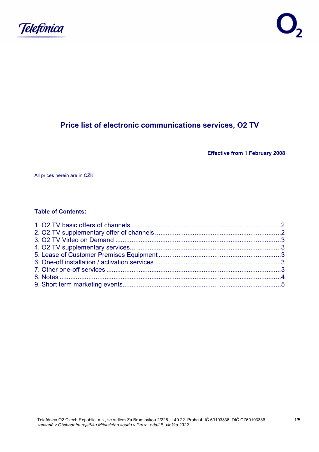 Price List of Electronic Communications Services, O2 TV
