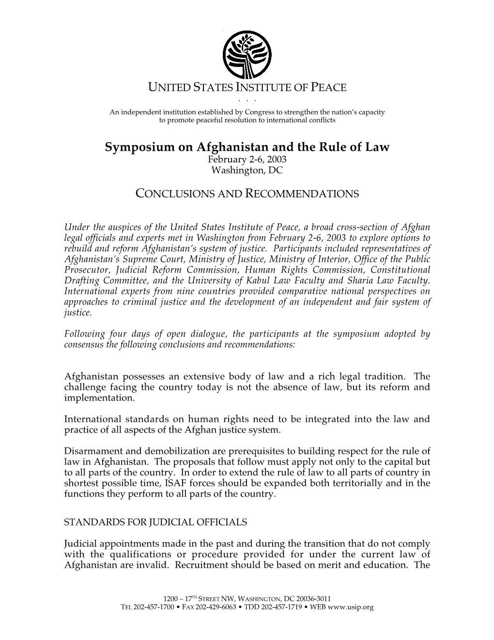 Symposium on Afghanistan and the Rule of Law February 2-6, 2003 Washington, DC