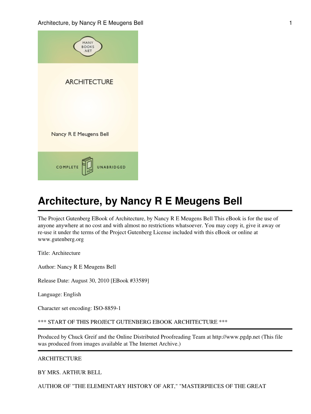 Architecture, by Nancy R E Meugens Bell 1