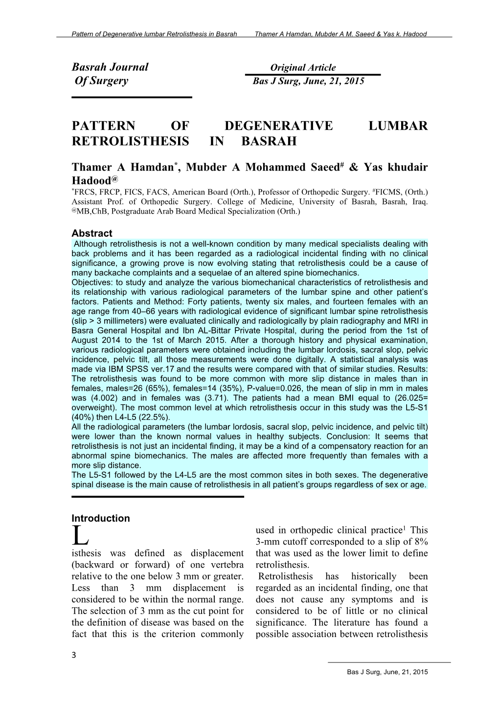 Pattern of Degenerative Lumbar Retrolisthesis in Basrah Thamer a Hamdan, Mubder a M
