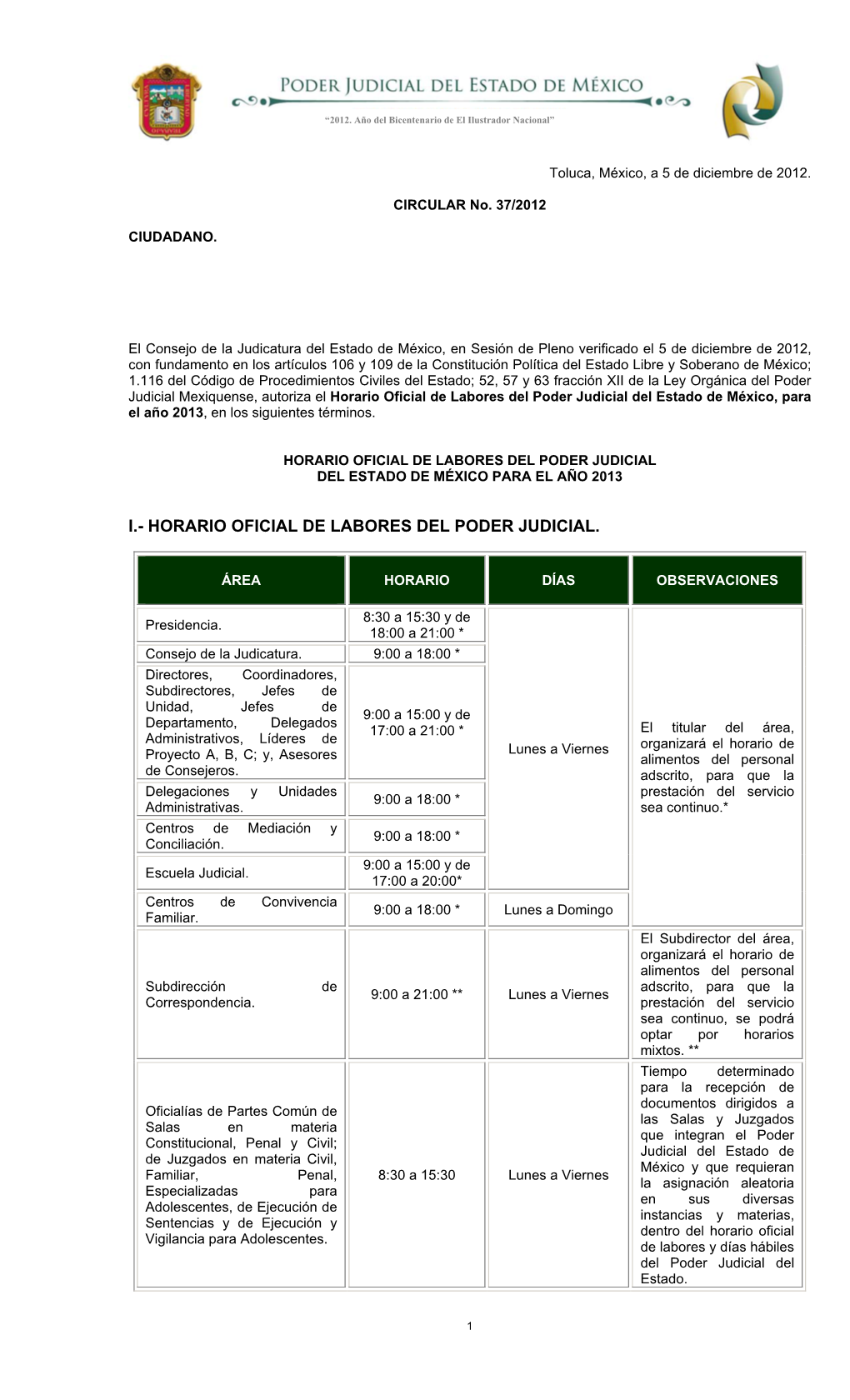 I.- Horario Oficial De Labores Del Poder Judicial