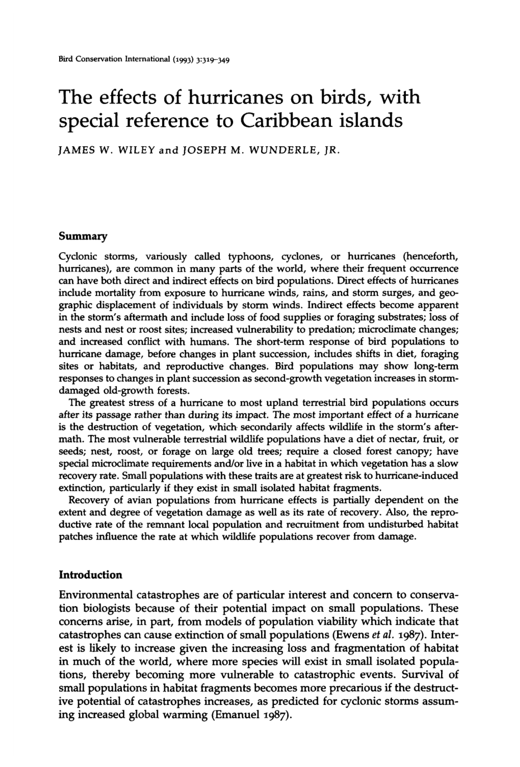 The Effects of Hurricanes on Birds, with Special Reference to Caribbean Islands