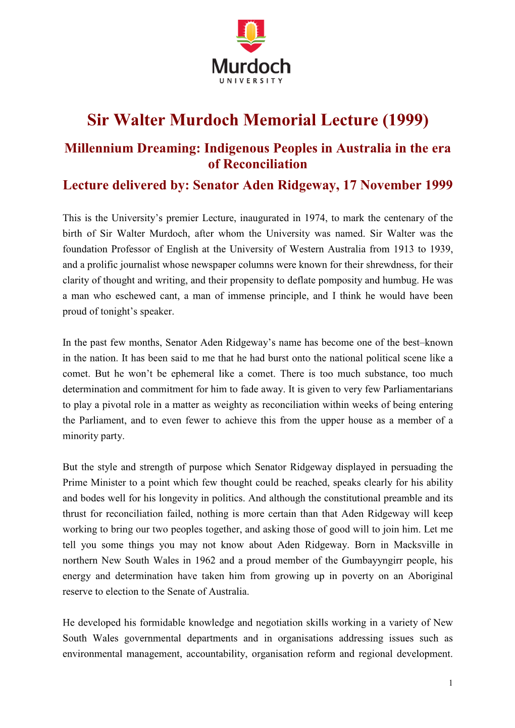 Sir Walter Murdoch Memorial Lecture (1999)