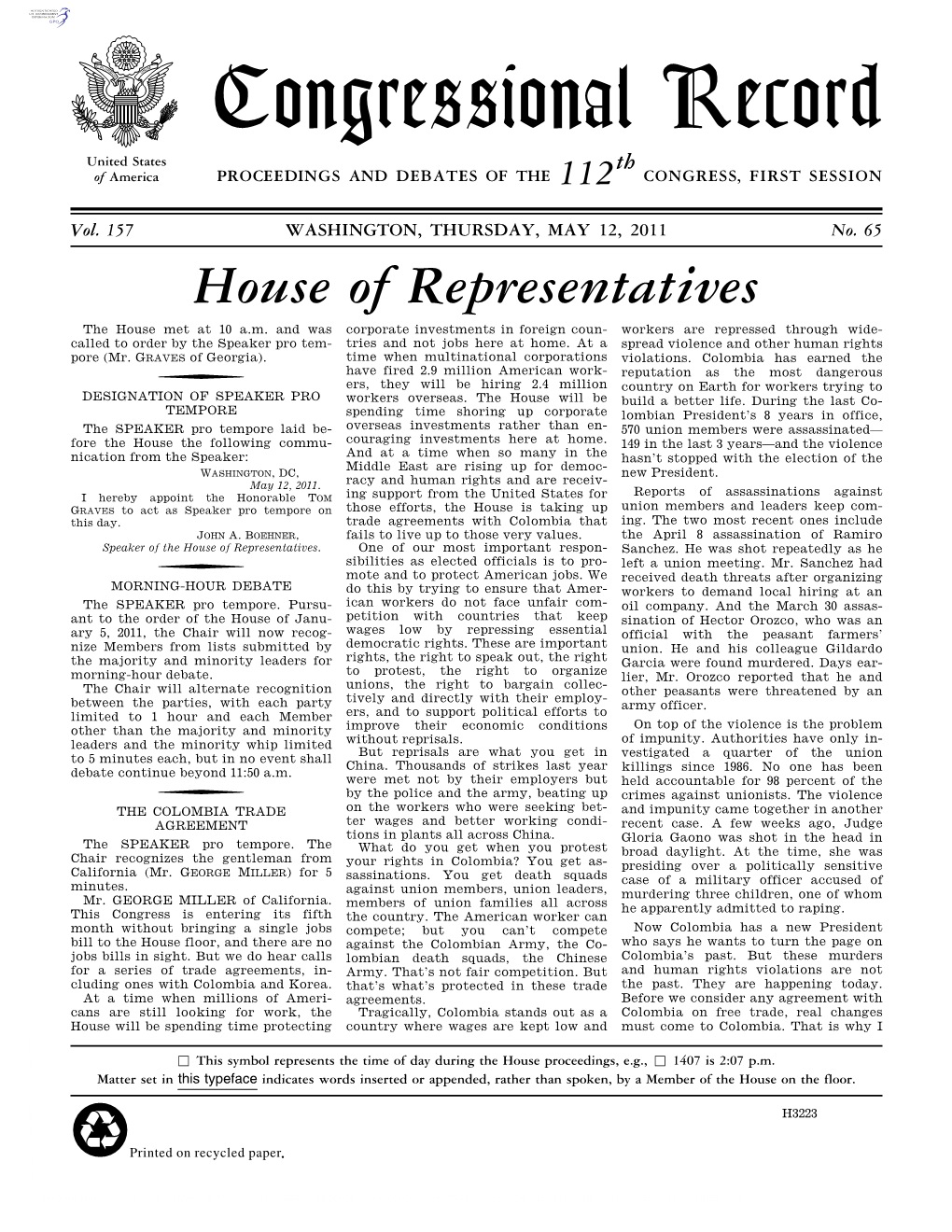 Congressional Record United States Th of America PROCEEDINGS and DEBATES of the 112 CONGRESS, FIRST SESSION