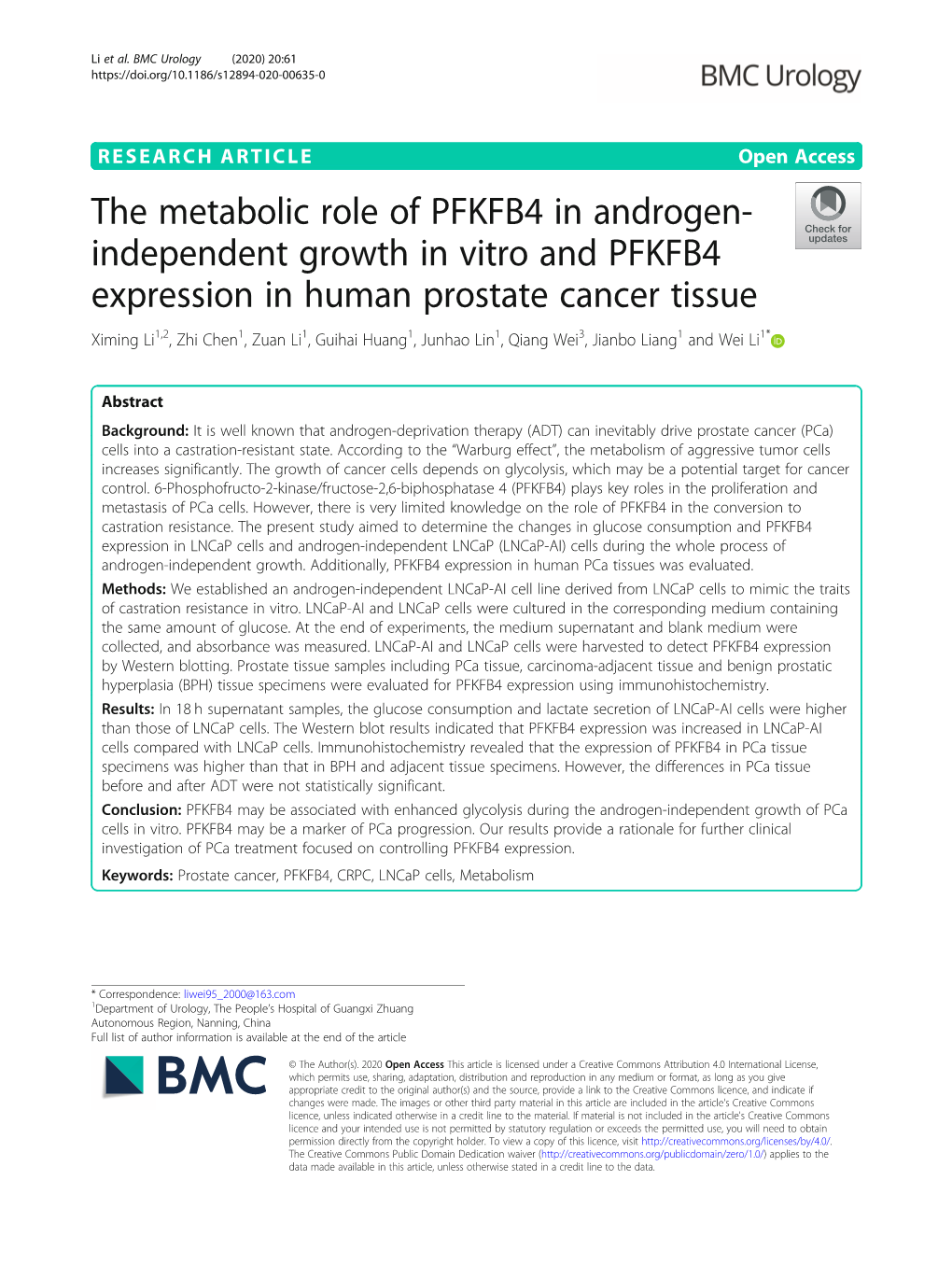 The Metabolic Role of PFKFB4 in Androgen-Independent Growth In