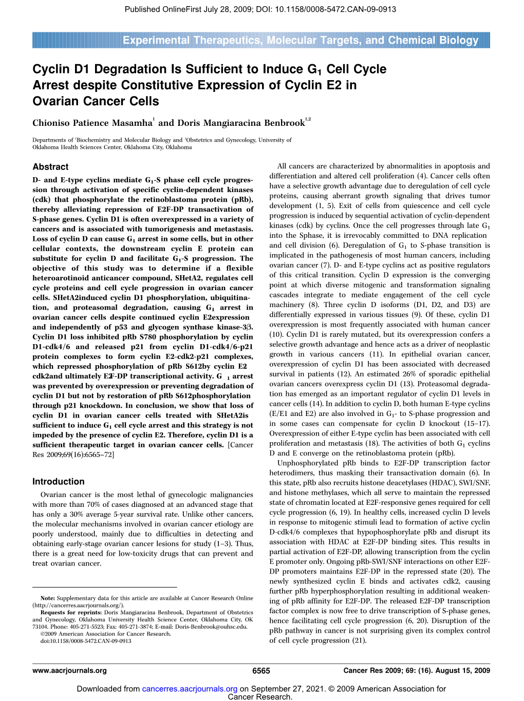 Cyclin D1 Degradation Is Sufficient to Induce G1 Cell Cycle Arrest Despite Constitutive Expression of Cyclin E2 in Ovarian Cancer Cells