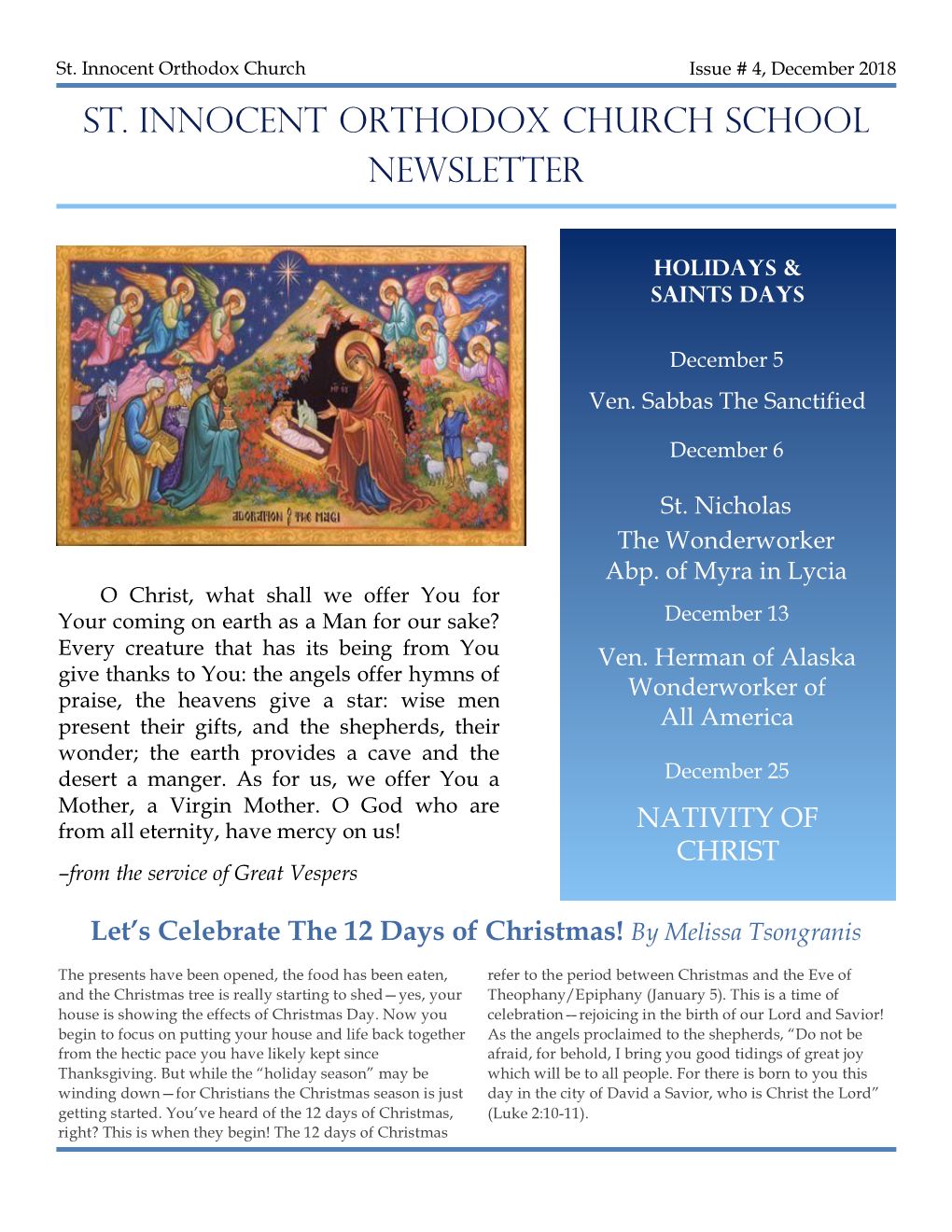 St. Innocent Orthodox Church School Newsletter