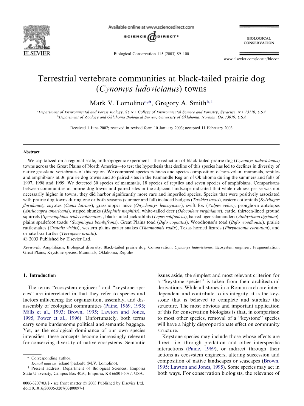 Terrestrial Vertebrate Communities at Black-Tailed Prairie Dog (Cynomys Ludovicianus) Towns