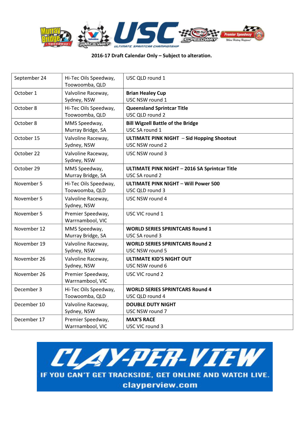 Subject to Alteration. September 24 Hi-Tec Oils Speedway, Toowoomba, QLD USC QLD Round 1 Octobe