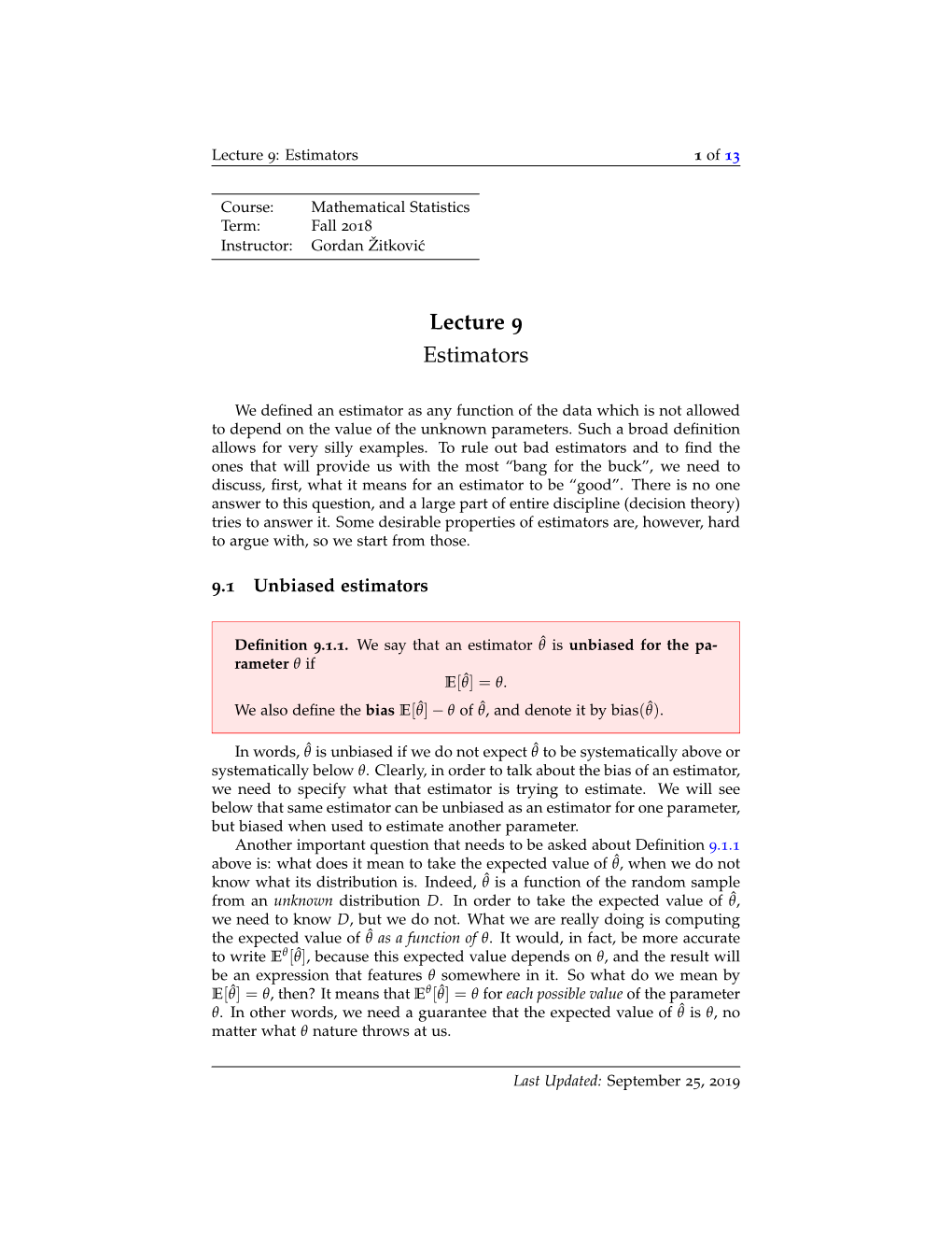 Lecture 9 Estimators