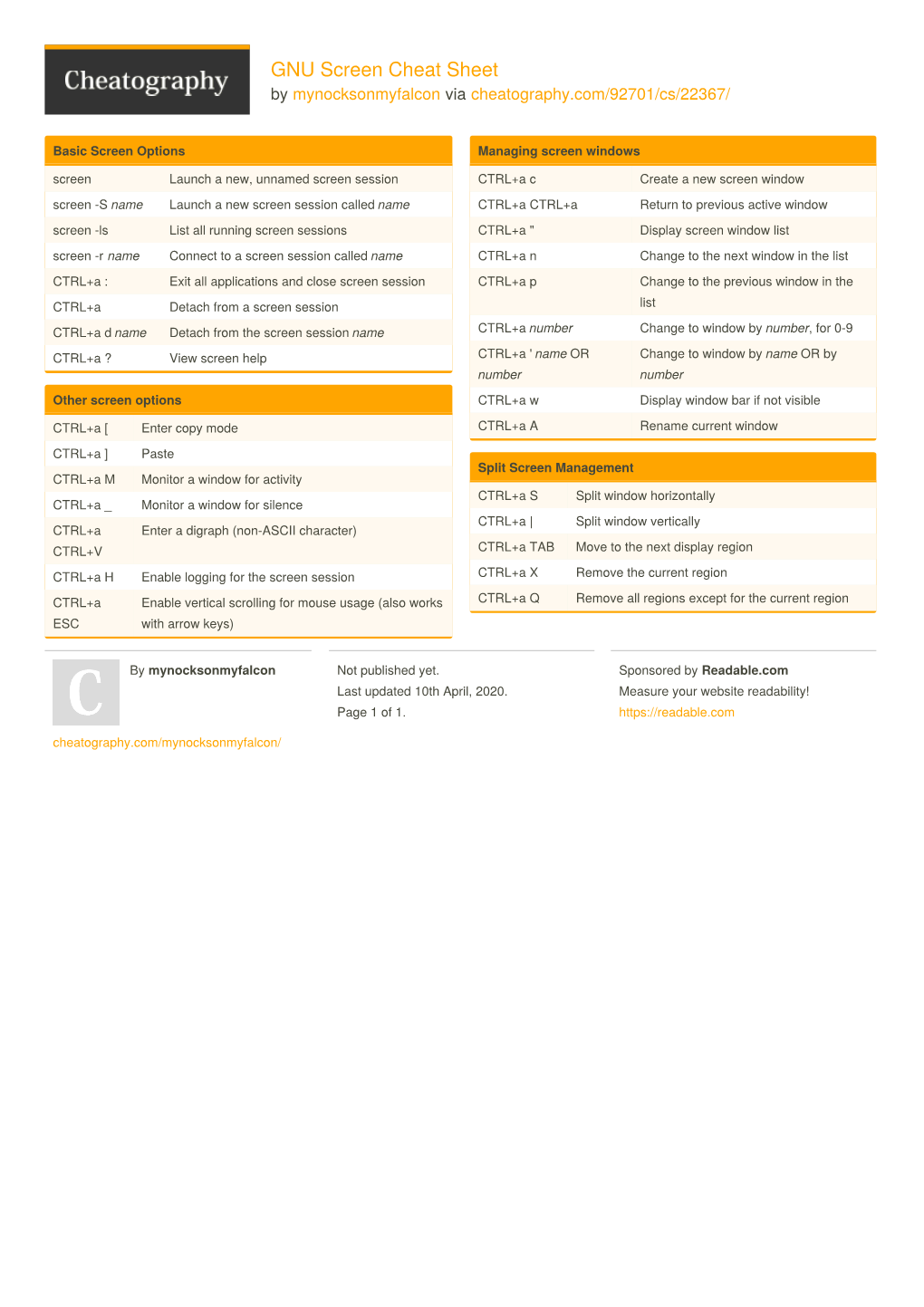 GNU Screen Cheat Sheet by Mynocksonmyfalcon Via Cheatography.Com/92701/Cs/22367