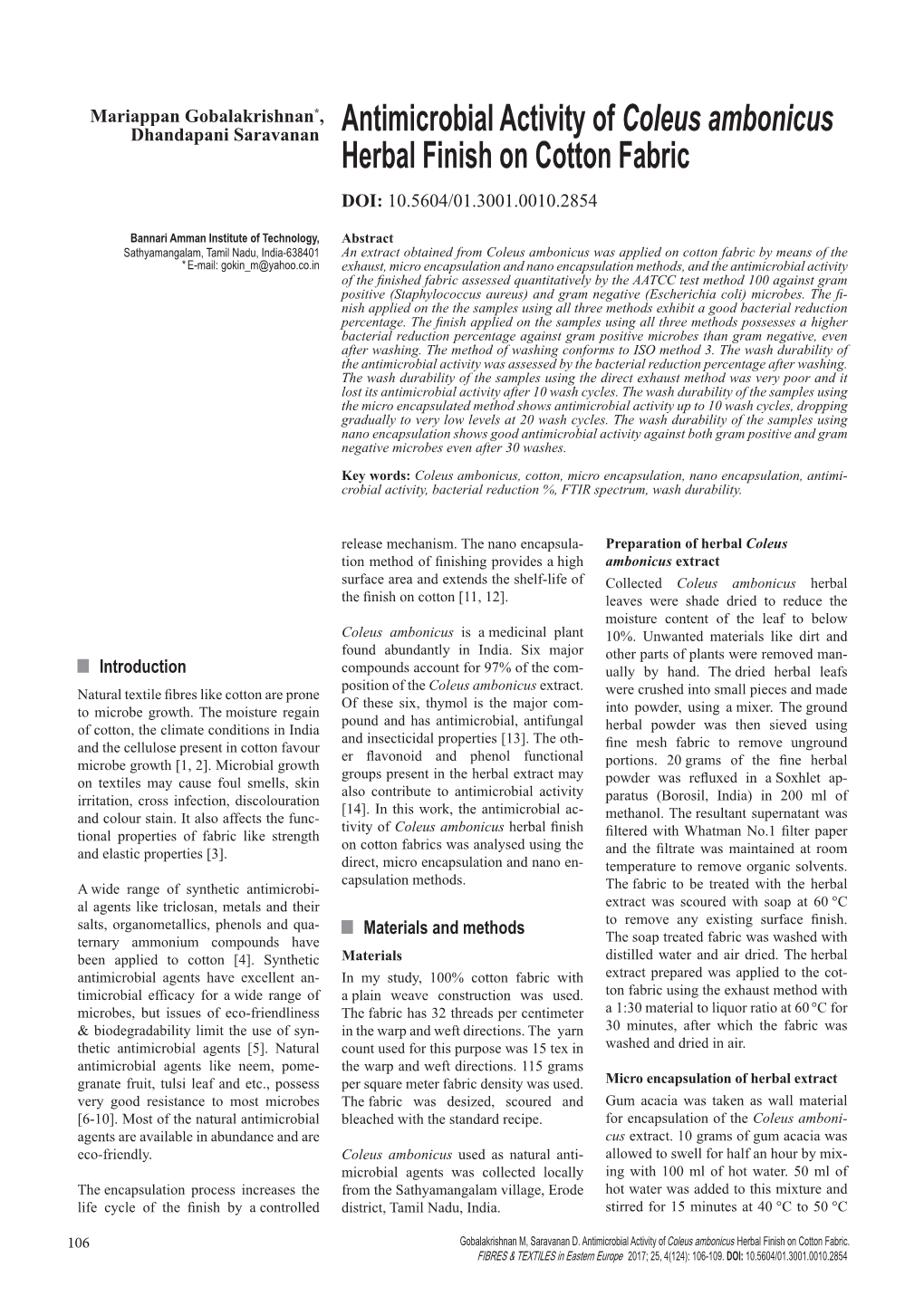 Antimicrobial Activity of Coleus Ambonicus Herbal Finish on Cotton Fabric DOI: 10.5604/01.3001.0010.2854