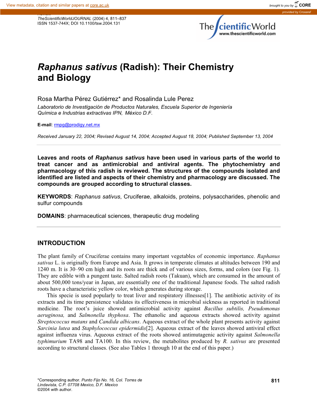 Raphanus Sativus (Radish): Their Chemistry and Biology