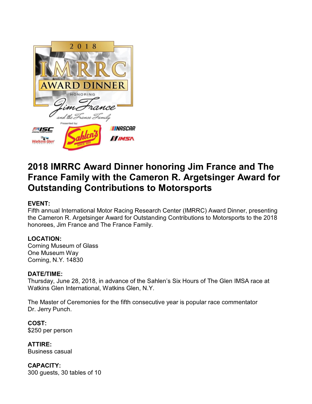 2018 IMRRC Award Dinner Honoring Jim France and the France Family with the Cameron R