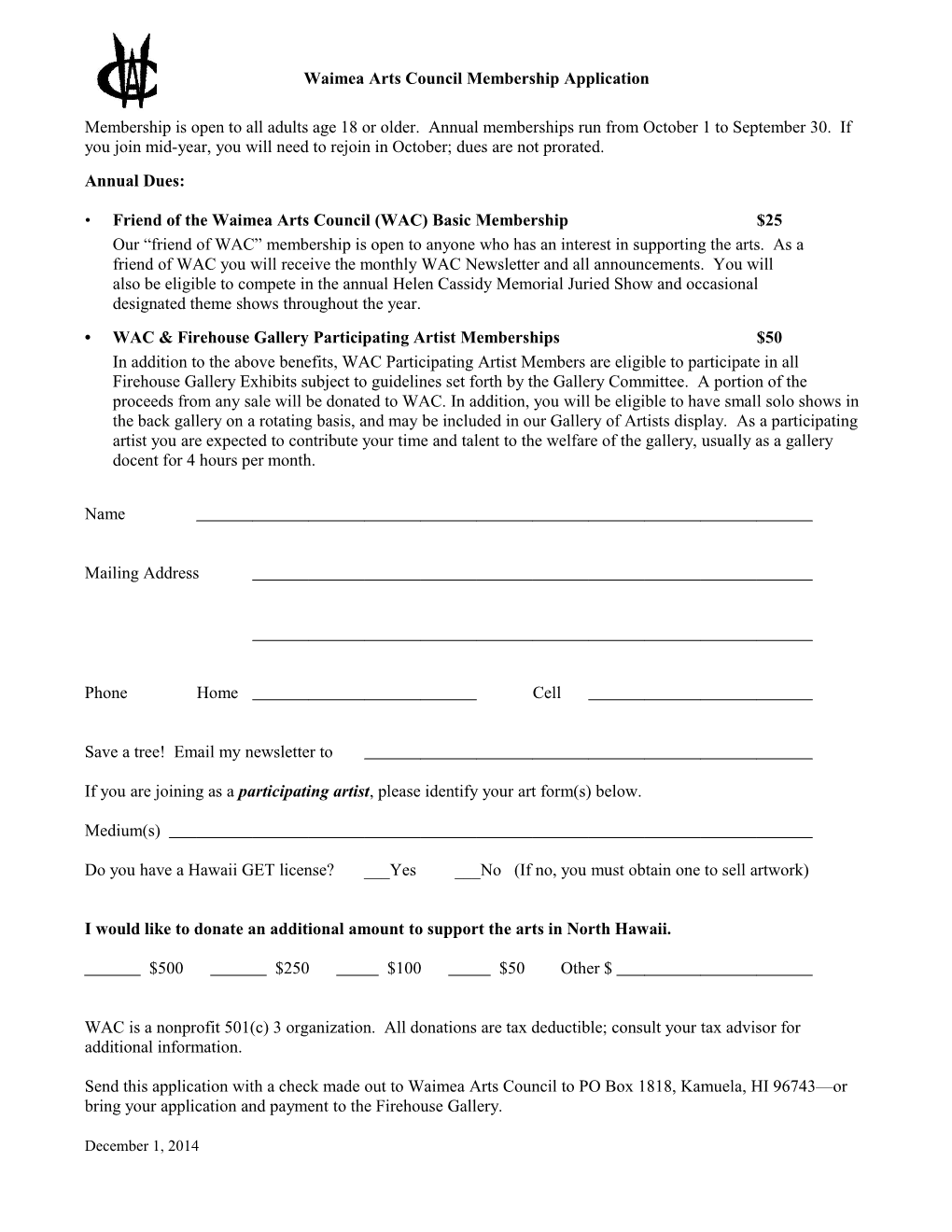 Waimea Arts Council Membership Application