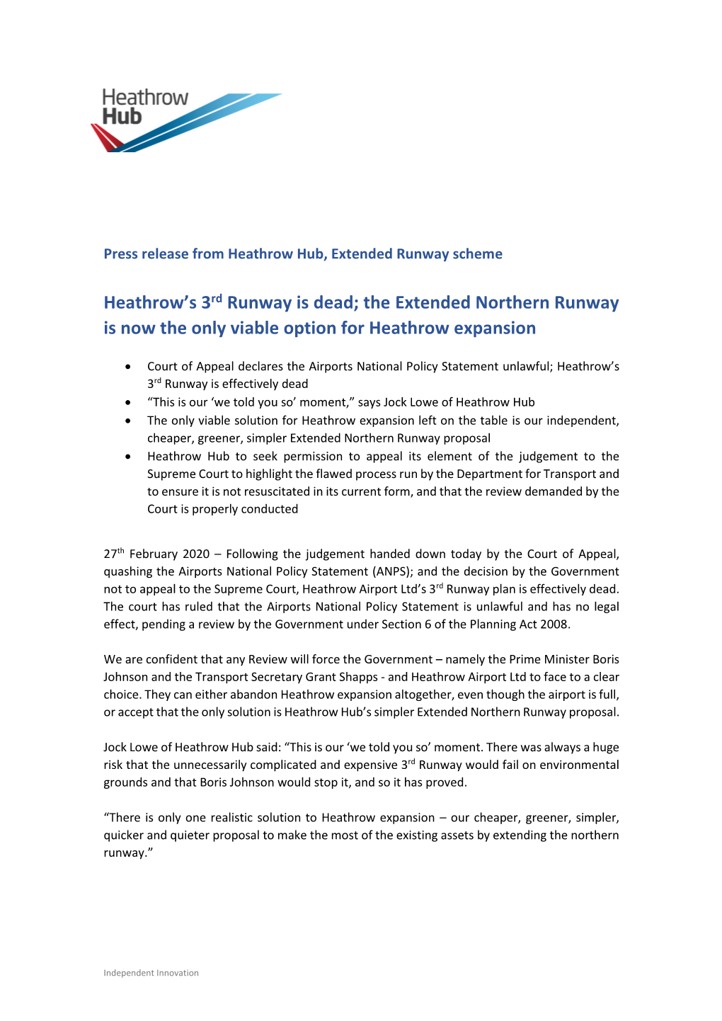 Heathrow's 3Rd Runway Is Dead; the Extended Northern