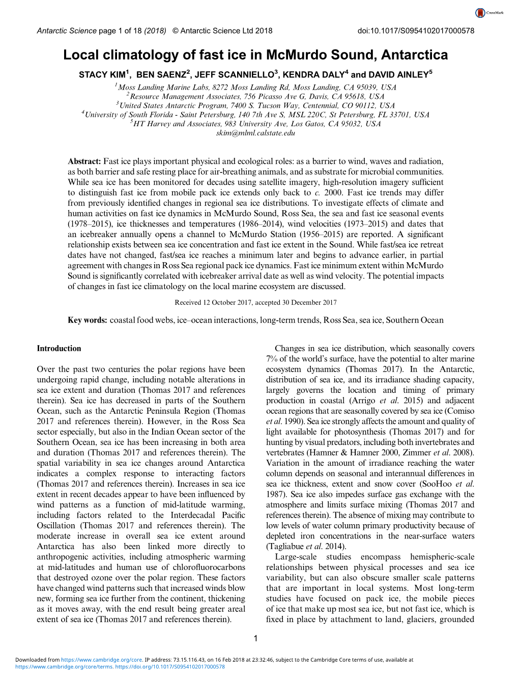 Local Climatology of Fast Ice in Mcmurdo Sound, Antarctica