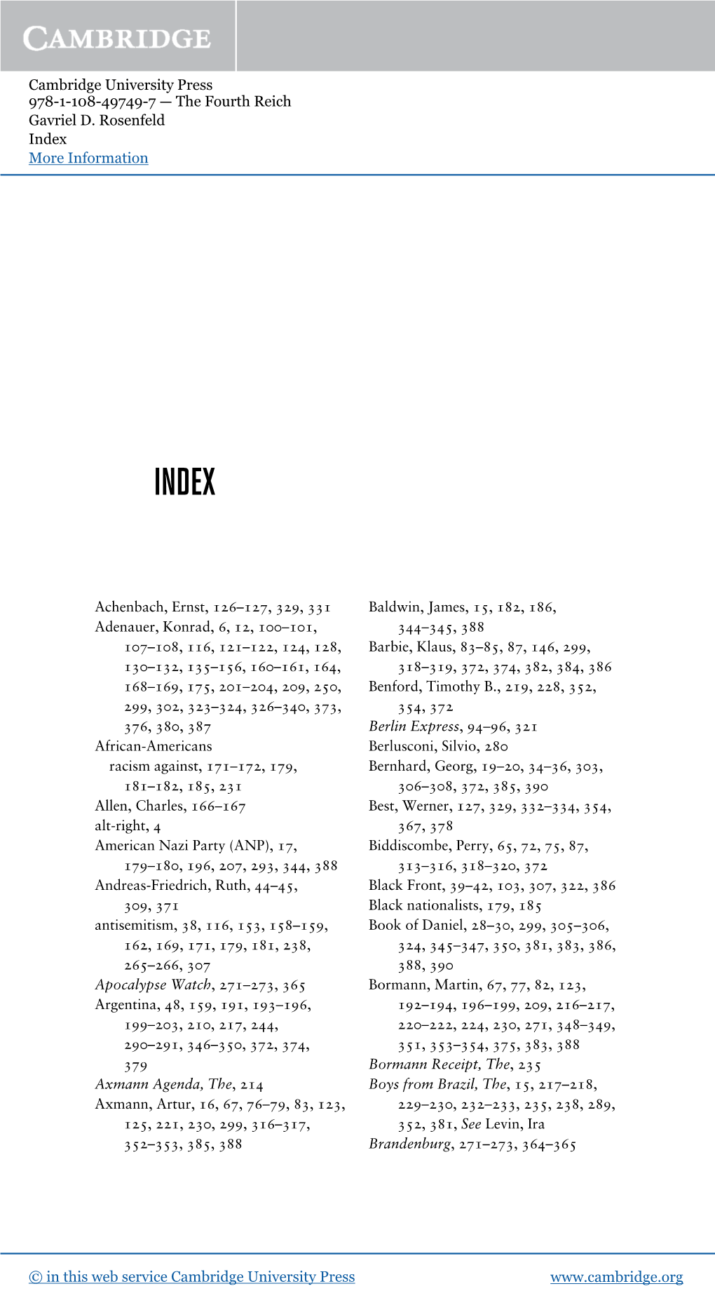 The Fourth Reich Gavriel D. Rosenfeld Index More Information