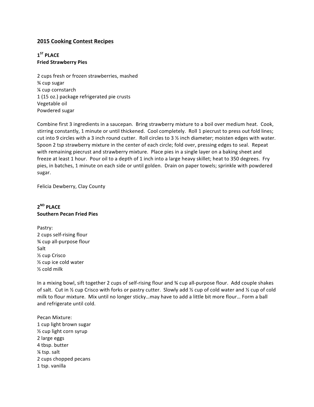 2015 Cooking Contest Recipes