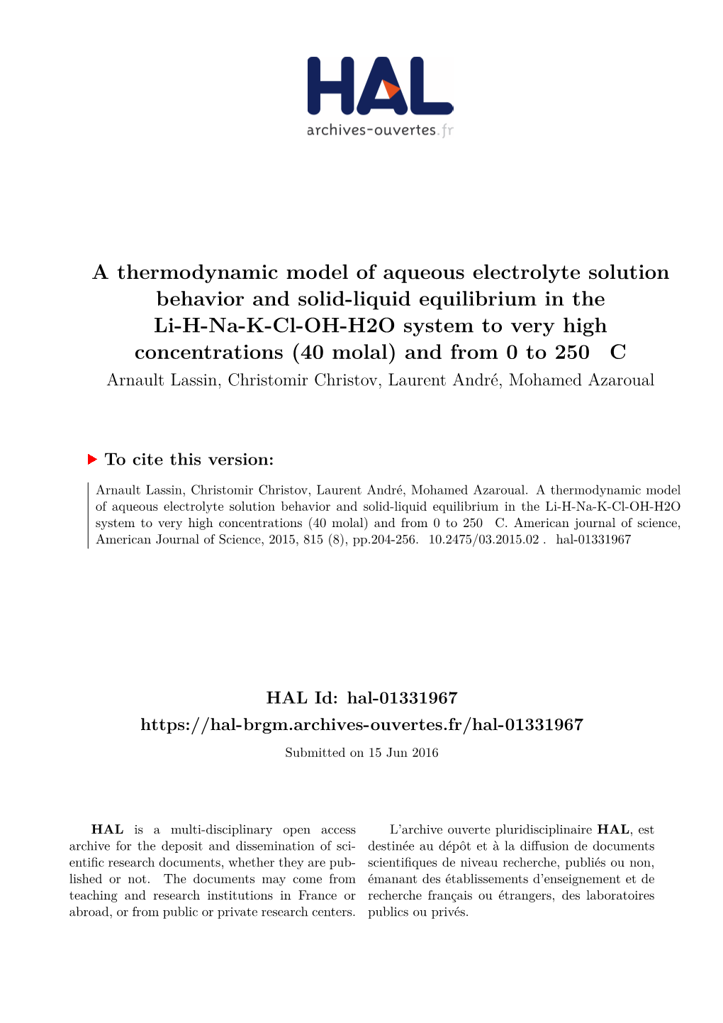 A Thermodynamic Model of Aqueous Electrolyte Solution Behavior And