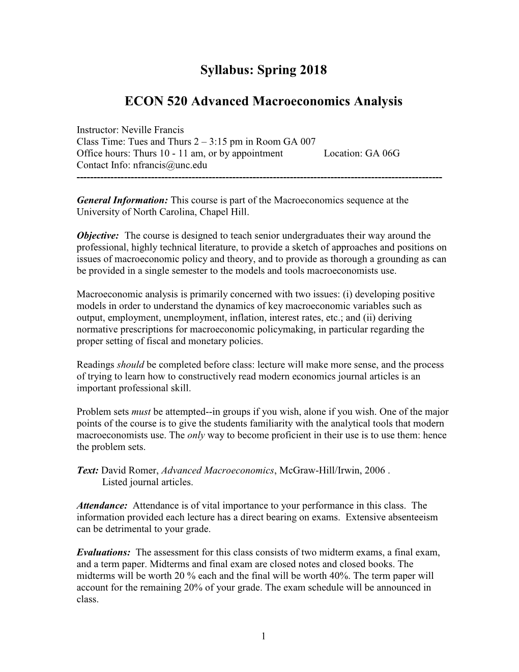 Syllabus: Spring 2018 ECON 520 Advanced Macroeconomics Analysis