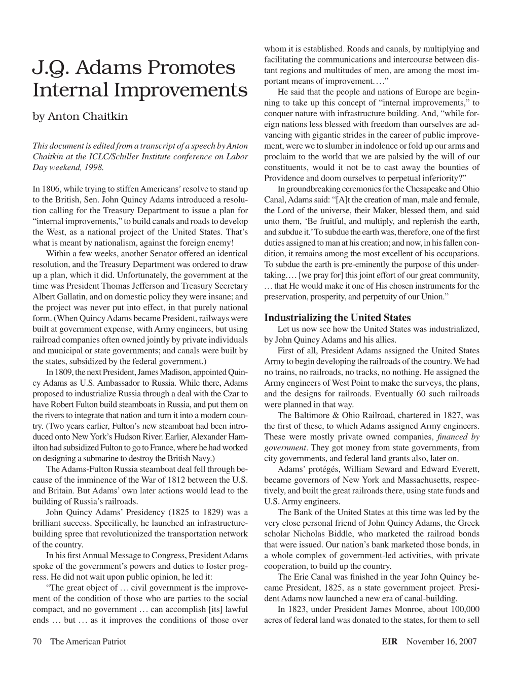 J.Q. Adams Promotes Internal Improvements
