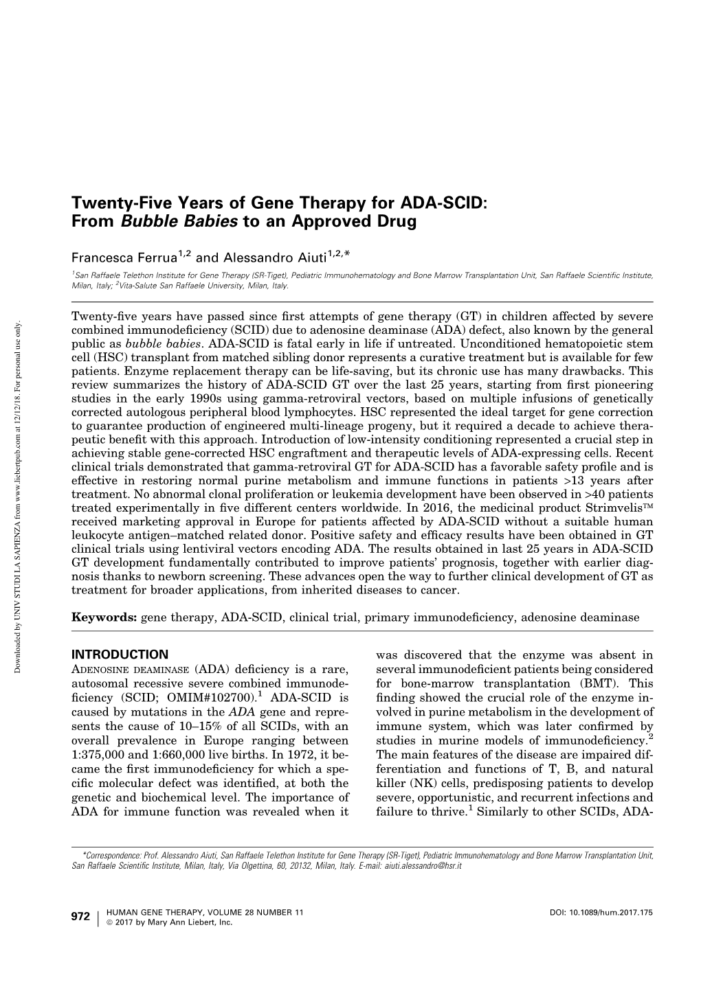 Twenty-Five Years of Gene Therapy for ADA-SCID: from Bubble Babies to an Approved Drug