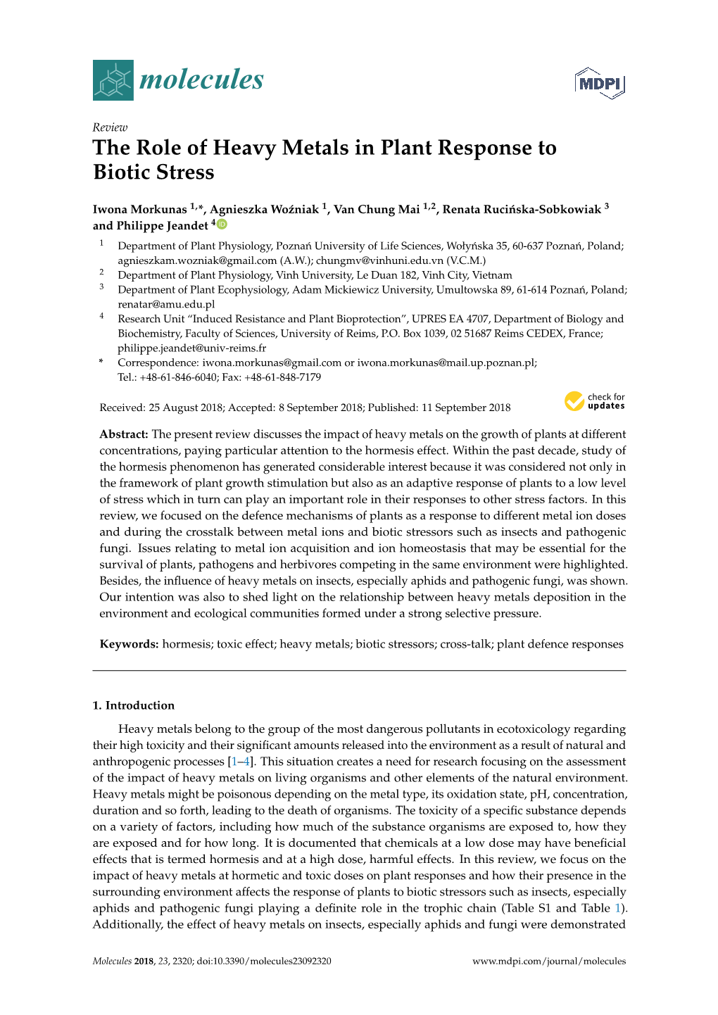 The Role of Heavy Metals in Plant Response to Biotic Stress