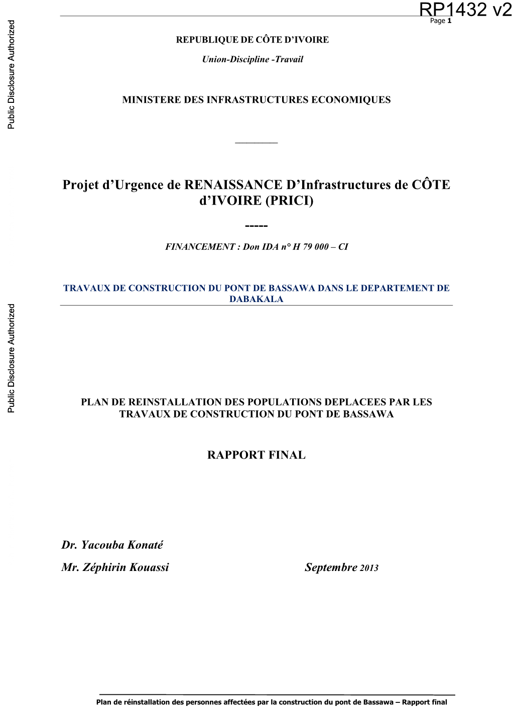 Construction Du Pont Serebou-Bassawa Projet Prici-Banque Mondiale-Ageroute Etude D’Impact Environnemental Et Social