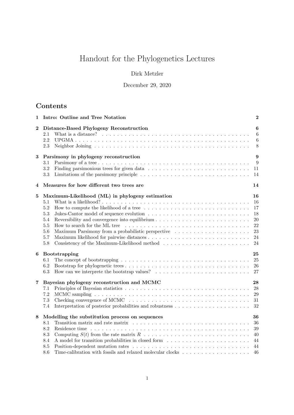 Handout for the Phylogenetics Lectures