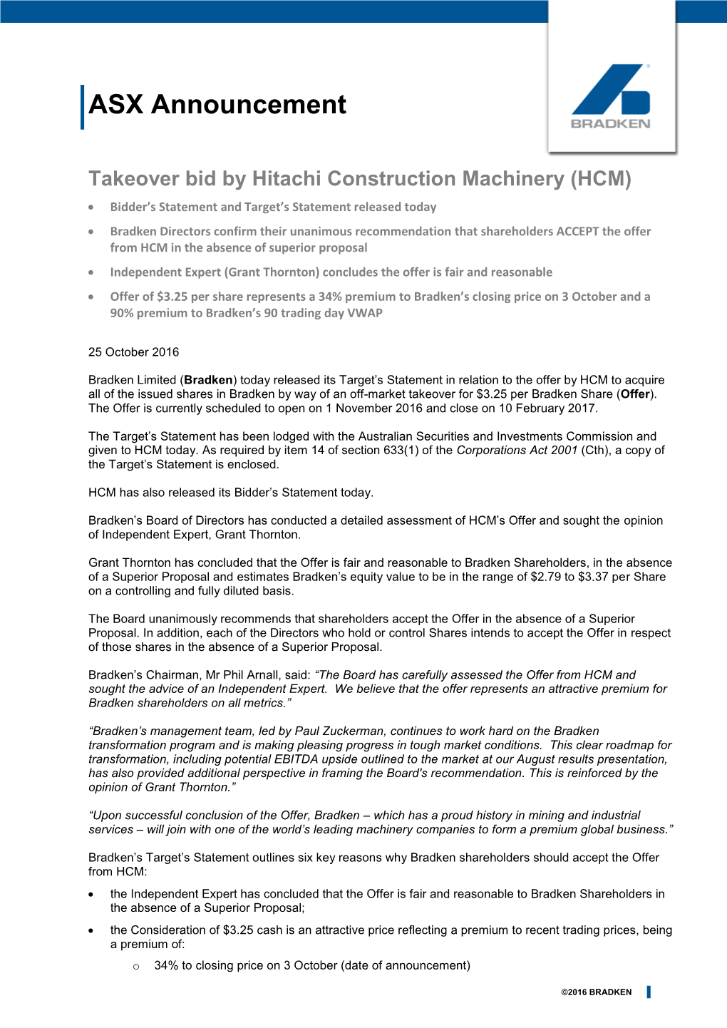 ASX Announcement Takeover Bid by Hitachi Construction Machinery