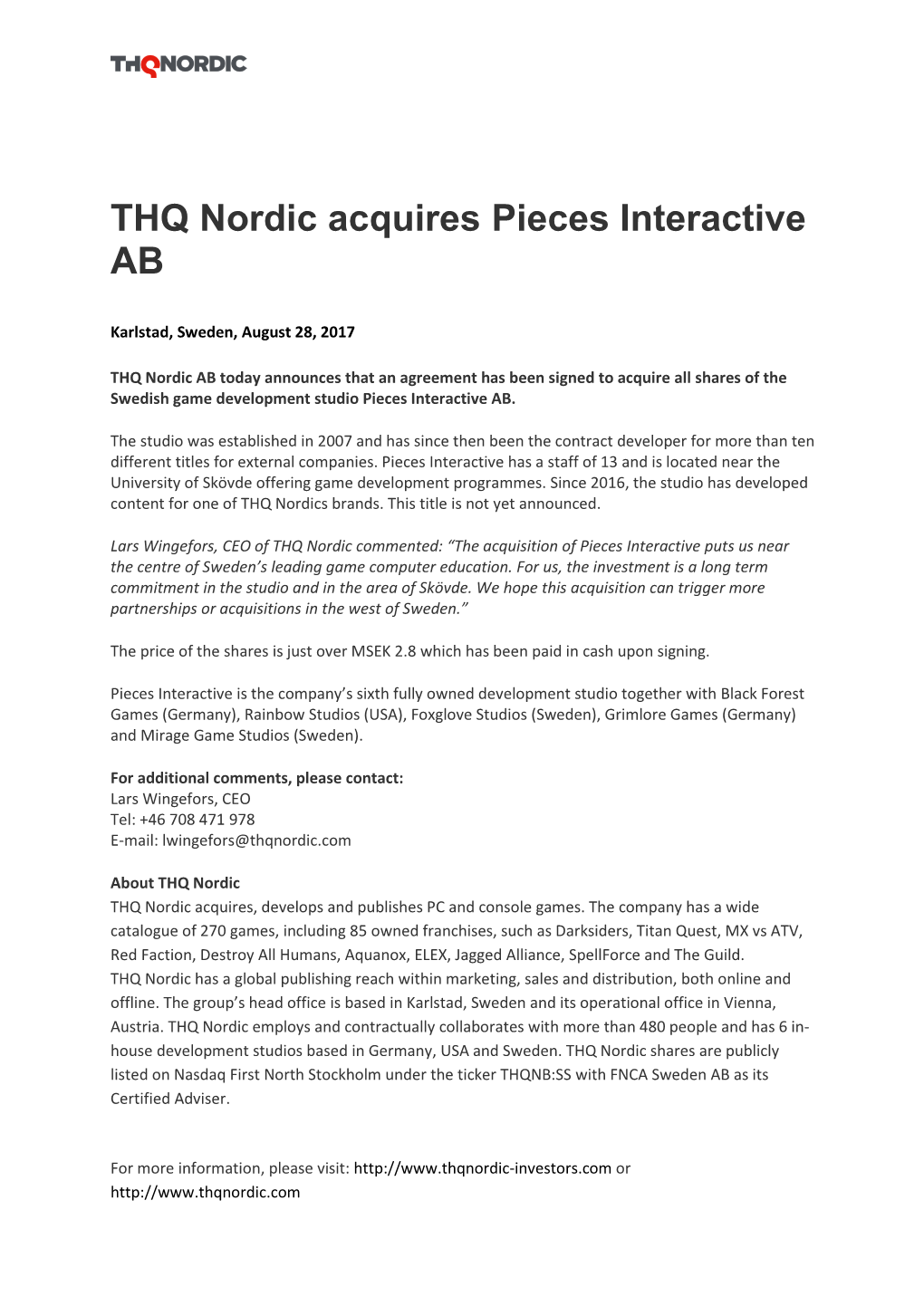 THQ Nordic Acquires Pieces Interactive AB