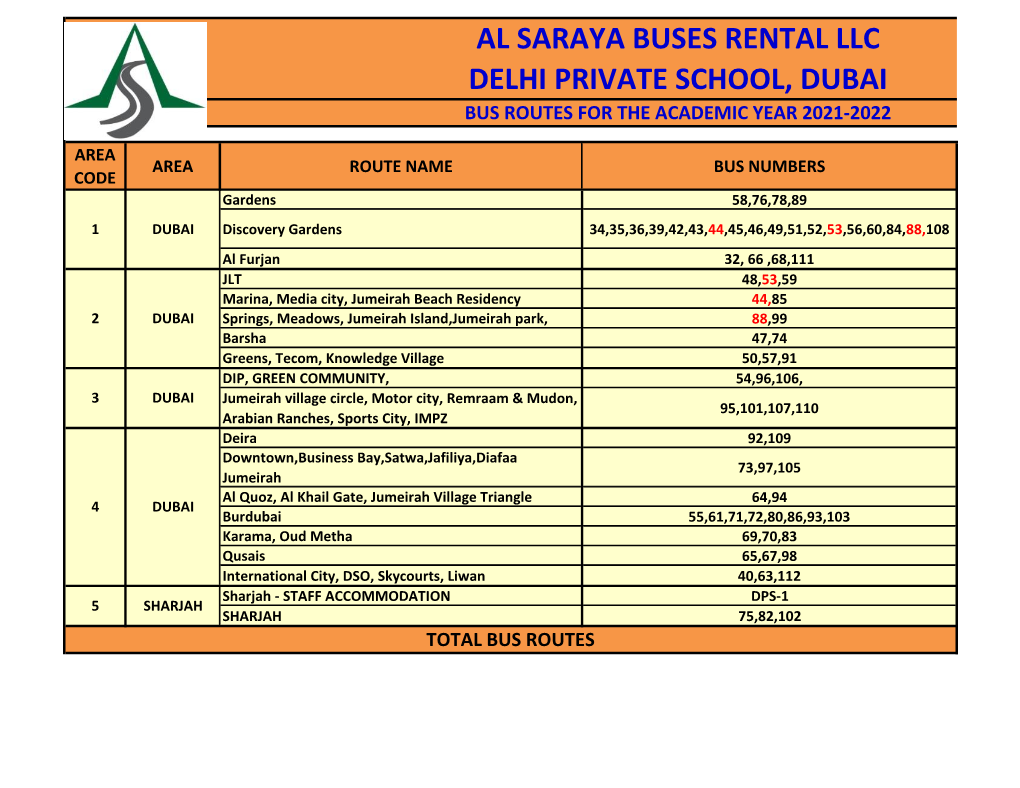 Al Saraya Buses Rental Llc Delhi Private School, Dubai Bus Routes for the Academic Year 2021-2022