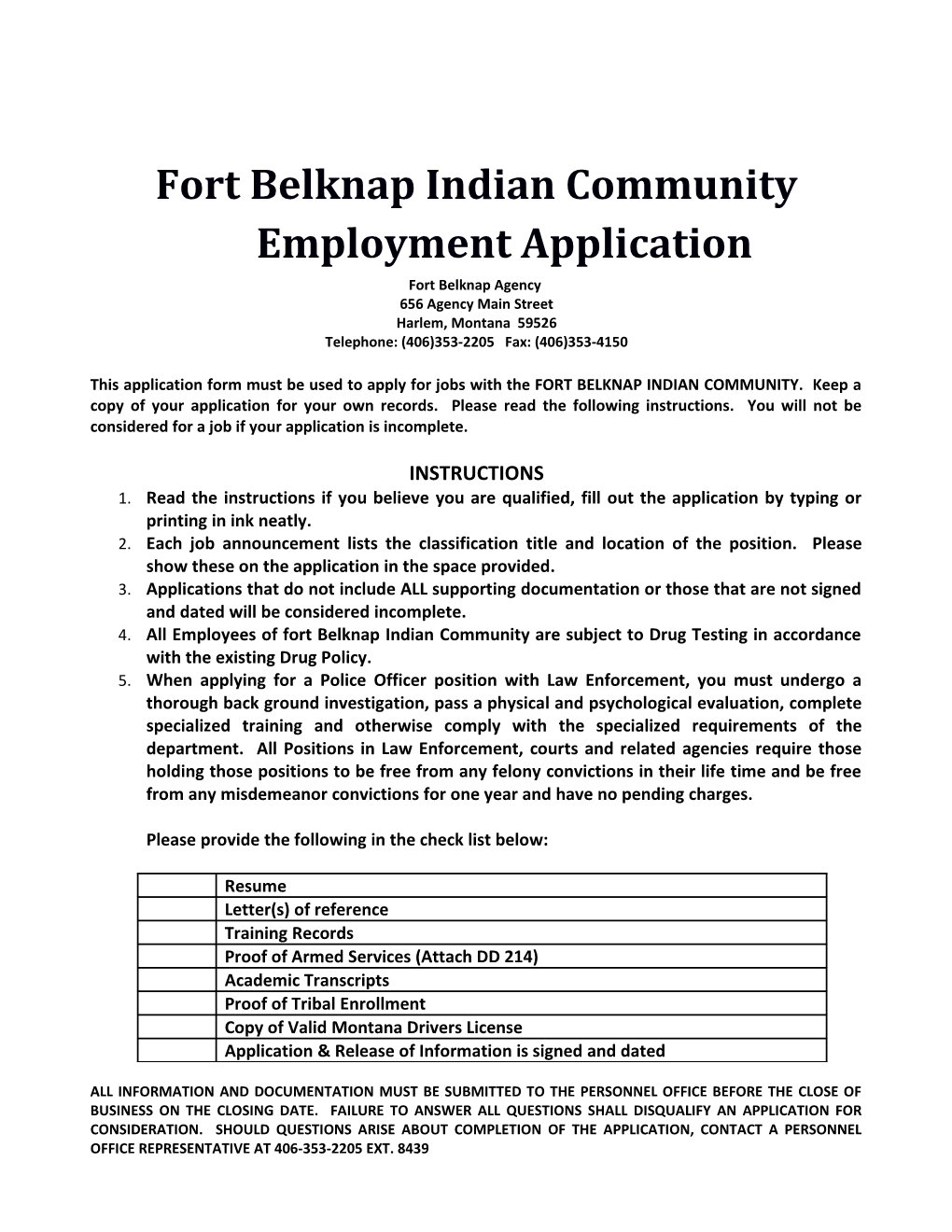 Fort Belknap Indian Community Employment Application