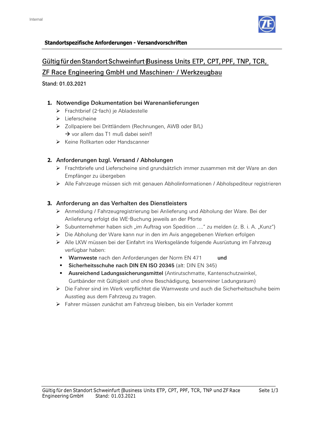 Business Units ETP, CPT, PPF, TNP, TCR, ZF Race Engineering Gmbh Und Maschinen- / Werkzeugbau Stand: 01.03.2021