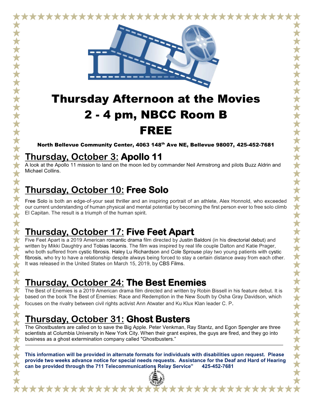 Thursday Afternoon at the Movies 2 - 4 Pm, NBCC Room B