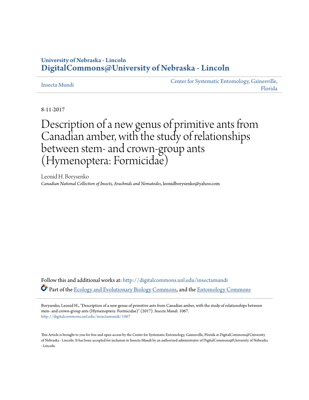 Description of a New Genus of Primitive Ants from Canadian Amber