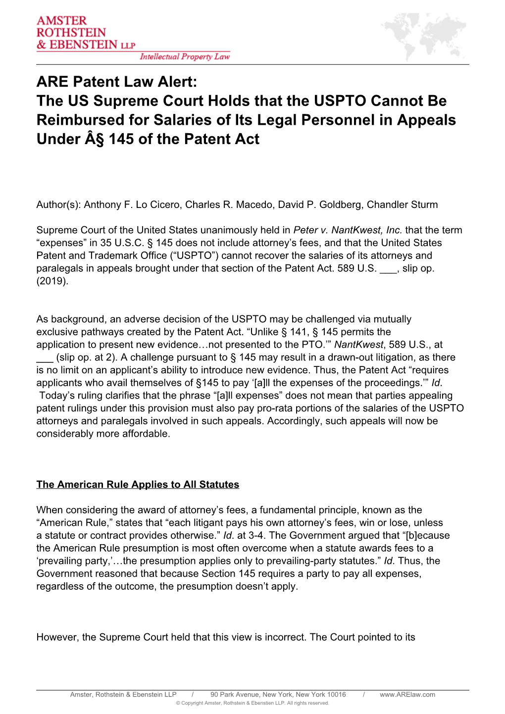 ARE Patent Law Alert: the US Supreme Court Holds That the USPTO Cannot Be Reimbursed for Salaries of Its Legal Personnel in Appeals Under Â§ 145 of the Patent Act