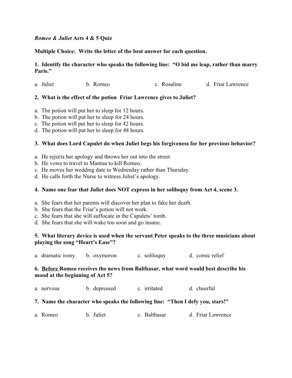 Romeo & Juliet Acts 4 & 5 Quiz