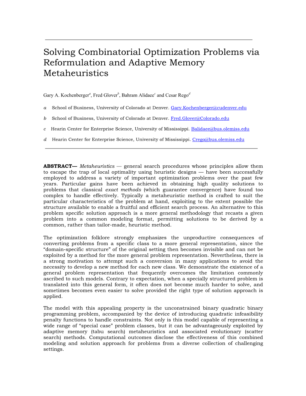 Solving Combinatorial Optimization Problems Via Reformulation and Adaptive Memory Metaheuristics