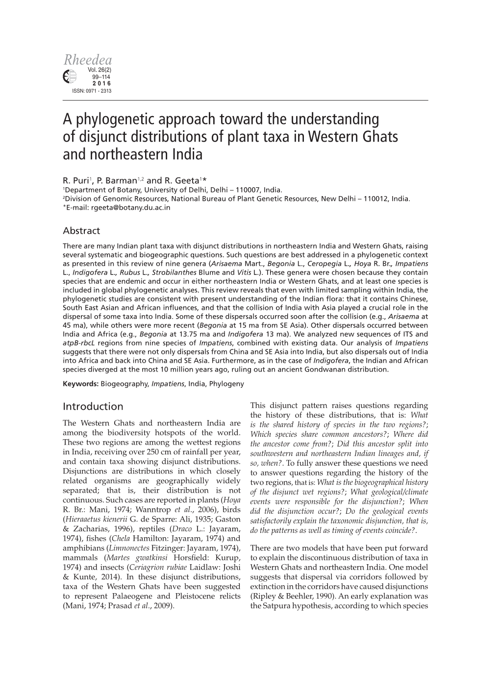 A Phylogenetic Approach Toward the Understanding of Disjunct Distributions of Plant Taxa in Western Ghats and Northeastern India