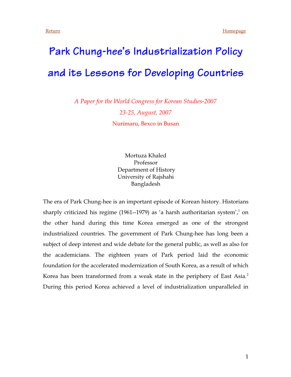 Park Chung Hee's Industrialization Policy and Its Lessons for Developing Countries -.:: GEOCITIES.Ws