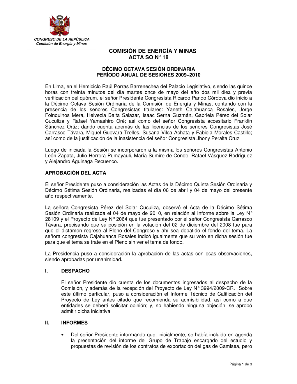 Comisión De Energía Y Minas Acta So N° 18