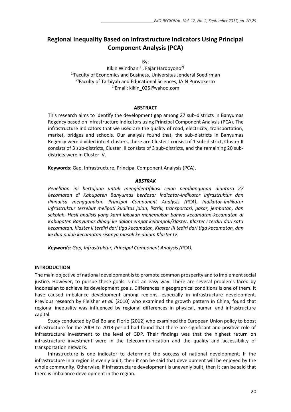 Regional Inequality Based on Infrastructure Indicators Using Principal Component Analysis (PCA)