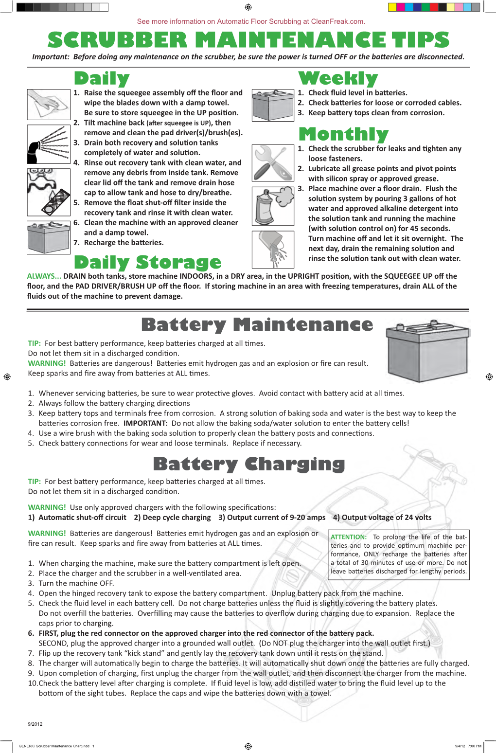 Floor Scrubber Maintenance Chart