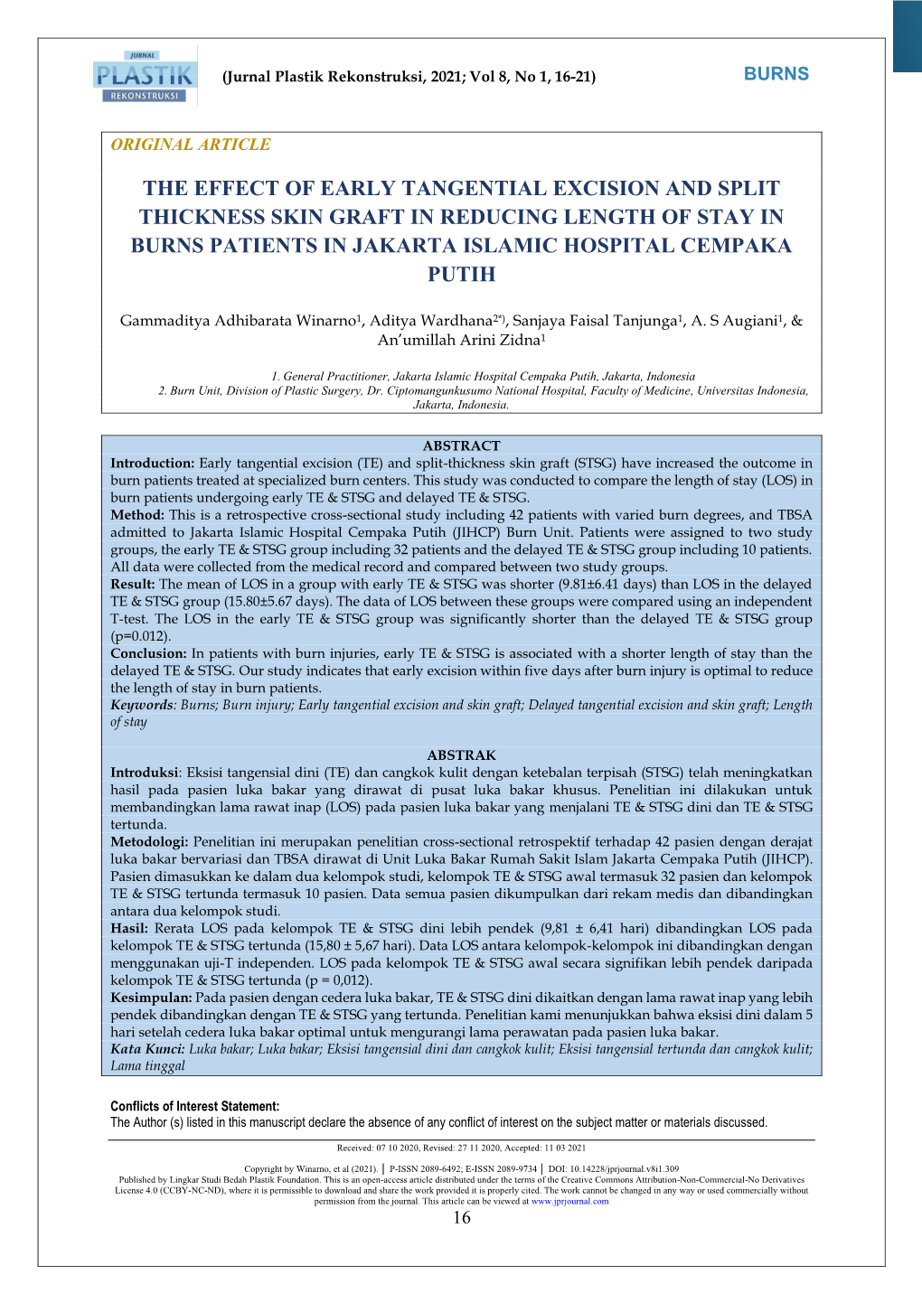 The Effect of Early Tangential Excision and Split Thickness Skin Graft in Reducing Length of Stay in Burns Patients in Jakarta Islamic Hospital Cempaka Putih